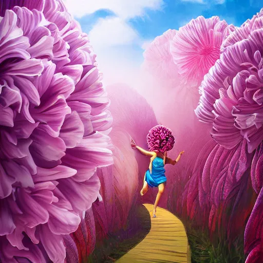 Prompt: giant carnation flower head, a woman running between luxury apartments, surreal photography, sunlight, impressionist painting, digital painting, artstation, simon stalenhag