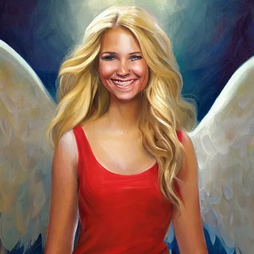 Prompt: a full - body portrait painting of an angel, a young woman with long blond hair and a halo smiling in heaven, steve henderson