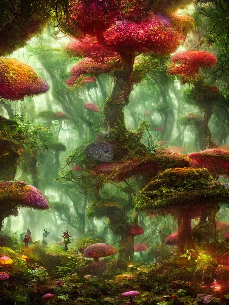 Image similar to a beautiful otherworldly fantasy landscape of a hidden forest with colorful mystical plants and huge psychedelic mushrooms as the trees like alice in wonderland, rendering, cryengine, deep color, vray render, cinema 4 d, cgsociety, bioluminescent