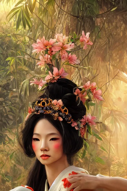 Image similar to stunningly beautiful, peruvian geisha prima ballerina in jungle, symmetrical face, golden hour, smooth, focus, highly detailed, hyper realistic, dramatic lighting, elegant, intricate, concept art, art by wlop, mars ravelo, greg rutowski, artstation