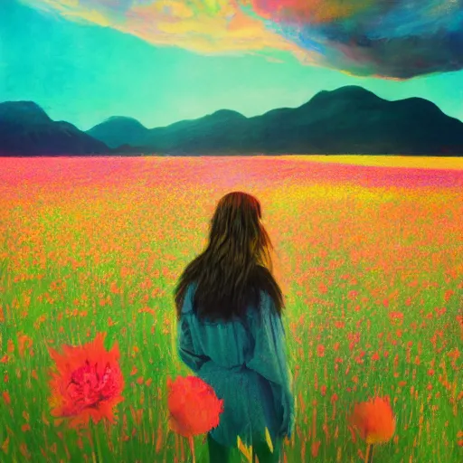 Image similar to girl with a blooming flower face, surreal photography, bizzare, dreamlike, otherworldly, standing in flower field, in a valley, sunrise dramatic light, impressionistic painting, colorful clouds, artstation, simon stalenhag