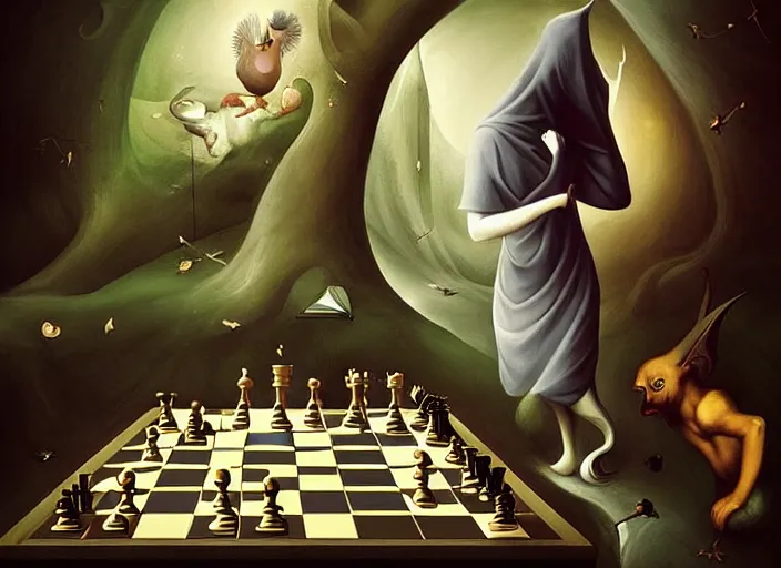 Prompt: chess and stoicism with merlin and the morrigan. a surrealist interior mental landscape by hieronymus bosch, cyril rolando, esher and natalie shau, whimsical, profound, impossible. trending on devaintart