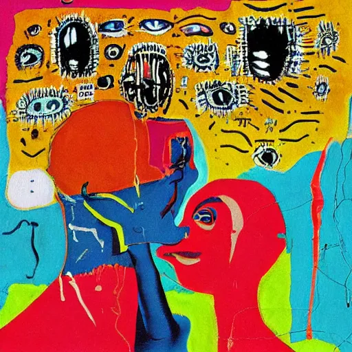 Image similar to abstract painting of two bizarre psychedelic women kissing each other closeup on an alien planet, speculative evolution, mixed media collage by basquiat and junji ito, magazine collage art