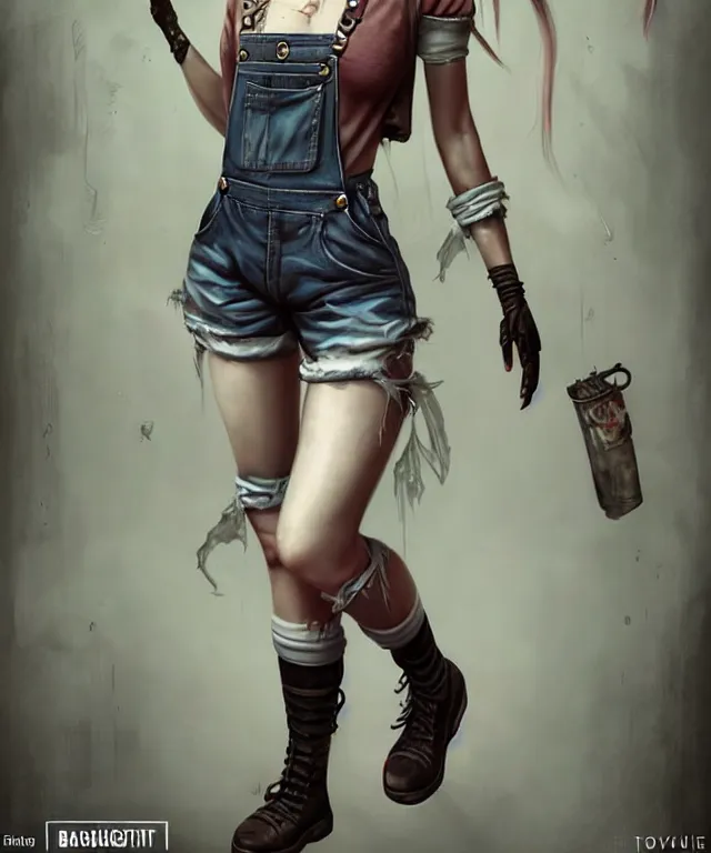 Image similar to full body pose, grungy ciri, torn overalls, short shorts, combat boots, fishnets, beautiful, highly detailed face, true anatomy!, extremely detailed!, digital painting, unreal engine 5, art by tom bagshaw