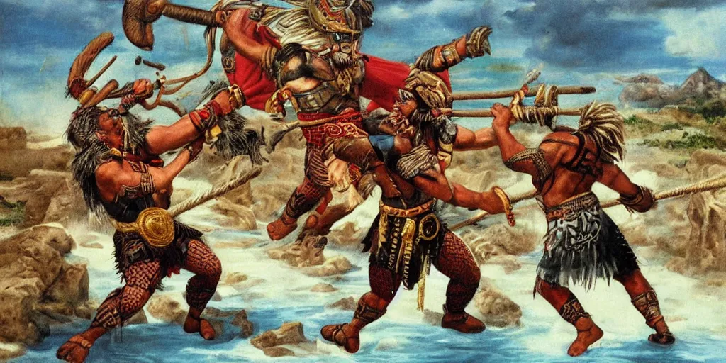 Prompt: Aztec Jaguar Warrior fighting against Thor (Viking )in a one on one battle. Historically accurate, highly detailed.