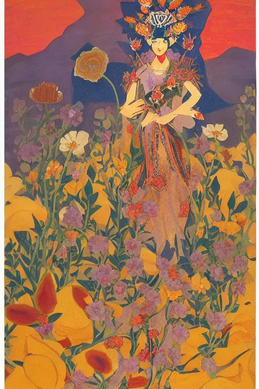 Image similar to queen of flowers, by Tino Rodriguez and Annie Swynnerton, and Nicholas Roerich, elaborate headdress and embroidered velvet, iridescent beetles, rich color, dramatic cinematic lighting, extremely detailed