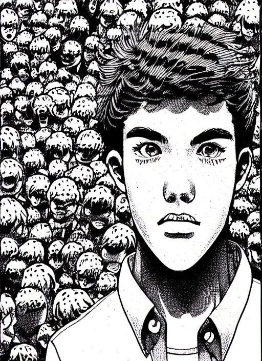 Image similar to portrait of teenage archie andrews, freckles, curly bangs, intricate, highly detailed, illustration, art by junji ito, junji ito