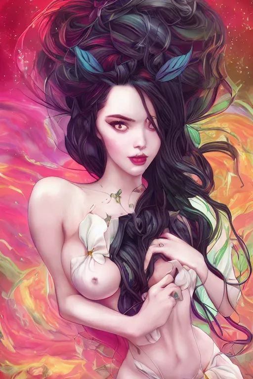 Image similar to Succubus in sundress portrait, by artgerm, WLOP and Ross Tran, blossoming geometric explosion from below