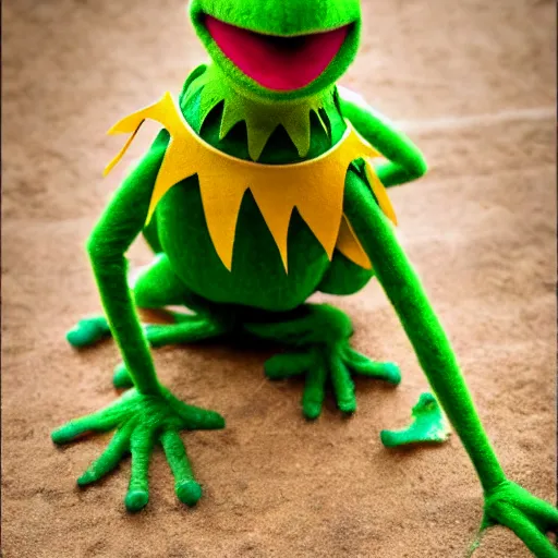 Image similar to Kermit the frog as a caveman, highly detailed, high quality, HD, 4k, 8k, Canon 300mm, professional photographer, 40mp, lifelike, top-rated, award winning, realistic, sharp, no blur, edited, corrected, trending
