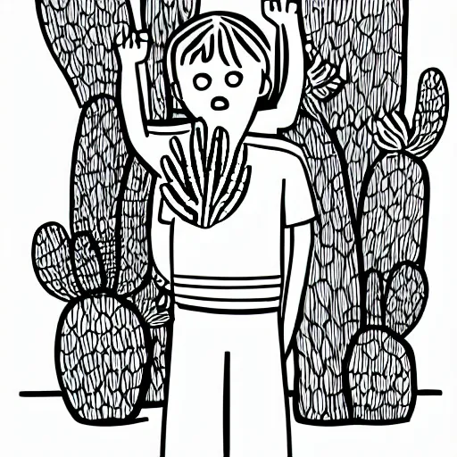 Prompt: sentimental boy hugging a cactus, line art, black and white