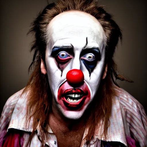 Prompt: uhd candid photo of dirty, homeless nicholas cage wearing bizarre clown makeup, ranting maniacally in the street. skid row. correct face, accurate face, exaggerated features, intricate details, intricate clown makeup, hyperdetailed, accurate face. photorealistic. photo by annie leibowitz