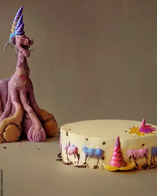 Prompt: photo of a childrens birthday cake scary unicorn designed by beksinski, bokeh