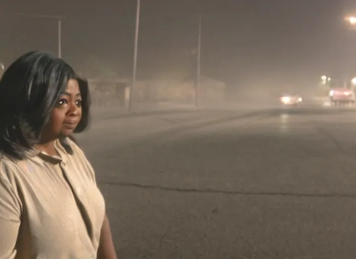 Prompt: cinematic screenshot high angle wide shot of octavia spencer outside a foggy abandoned department store empty parking lot, one car, paranoia everywhere, screenshot from the tense thriller film ( 2 0 0 1 ) directed by spike jonze, volumetric hazy lighting, moody cinematography, 3 5 mm kodak color stock, 2 4 mm lens