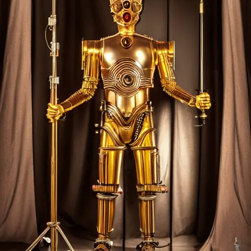 Prompt: steampunk version of c 3 po, promotional photo, studio lighting