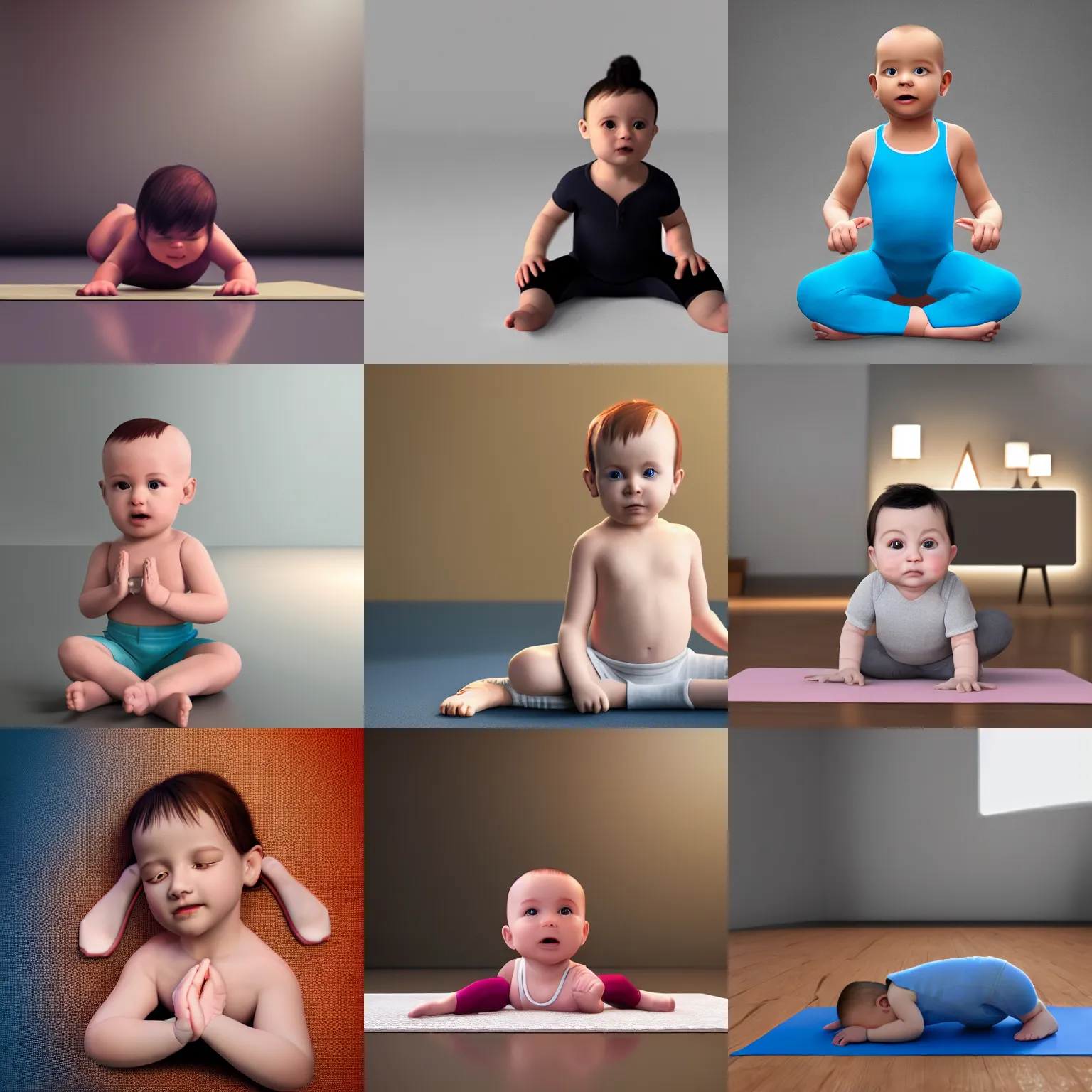 Prompt: unreal engine 5 quality render, studio lighting, bright studio setting, photorealistic portrait, crisp quality and light reflections, highly detailed, still photo of baby yoga