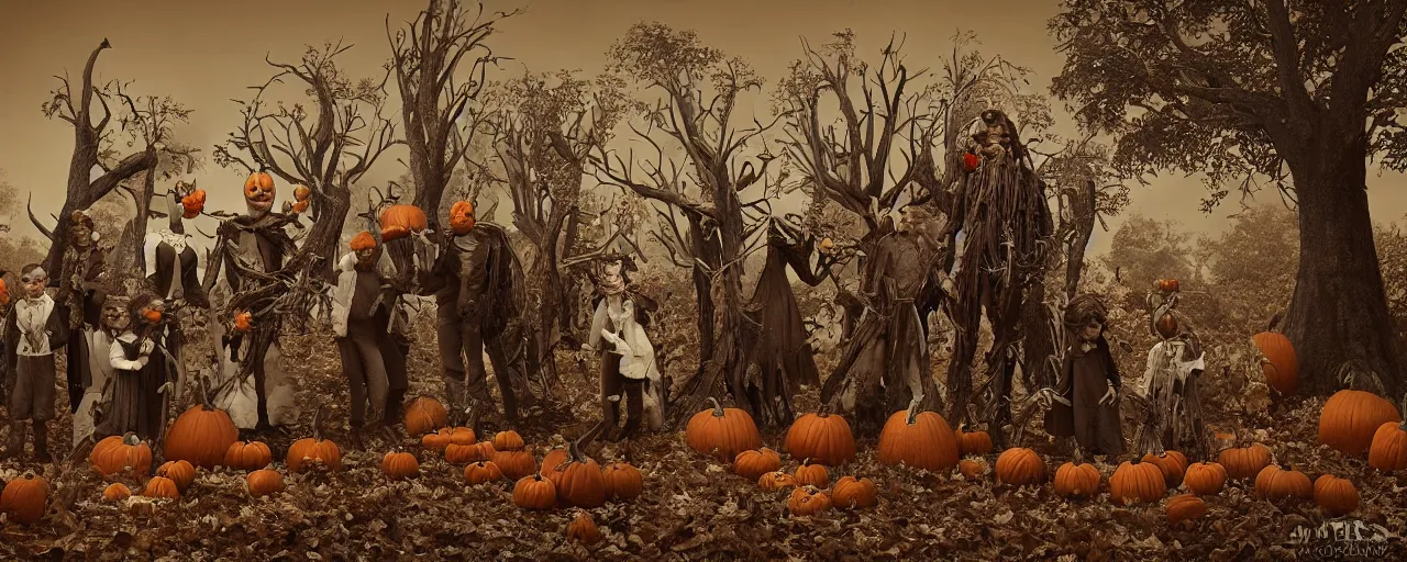 Prompt: a perfect 1950 family wearing pumpkin heads standing in a dead forest, fall season, old world photography, sepia, dead trees, pumpkins, photorealistic, insanely detailed and intricate, epic, volumetric haze, hyper realistic, elegant, ornate, elite, horror, creepy, ominous, haunting, cinematic lighting, metal plate photograph, unreal engine, symmetrical, cinematic centered camera, high detail by Isaac Levitan, Frederic Church and Vasily Perov