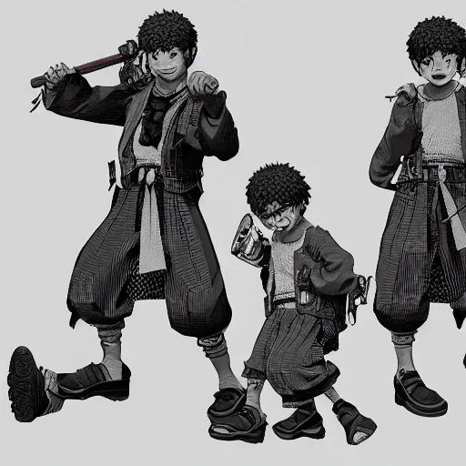 Image similar to rpg character concept art, twin brothers being cute and gangsta, intricate detail, in the style of jamie hewlett kawase hasui riyoko ikeda, 3 d render, artstation trending, 8 k, octane render, photorealistic, sharp detail, manga, black and white