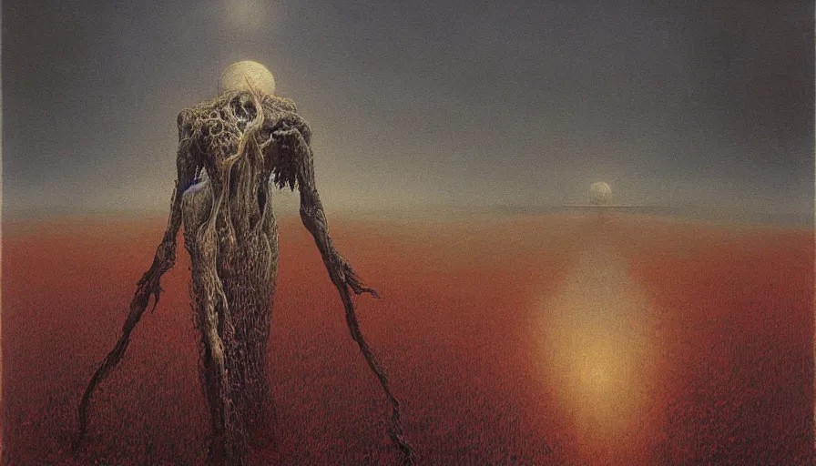 Image similar to the reaper of souls, landscape artwork by zdzislaw beksinski. intricate details. horror