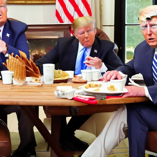 Image similar to trump and Biden sitting and eating breakfast at a Wafflehouse