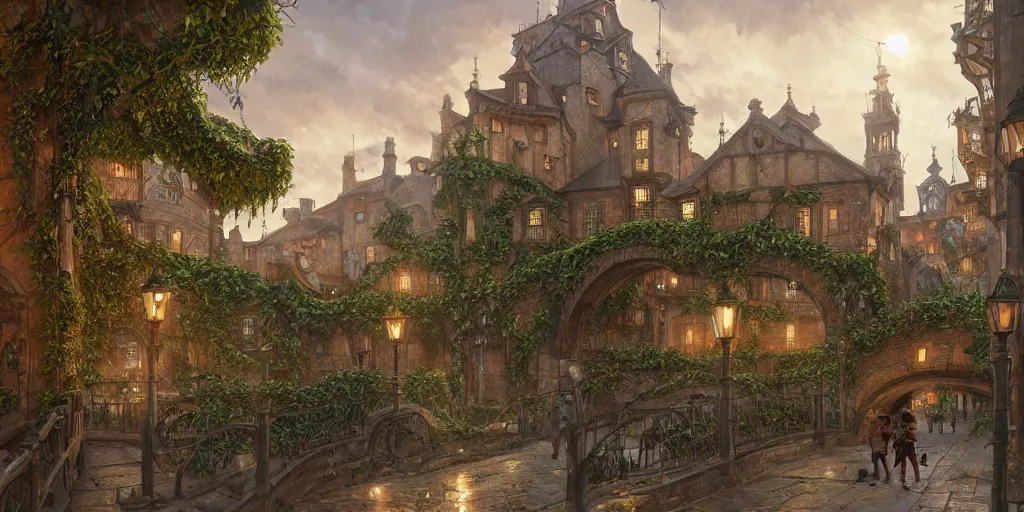 Image similar to empty medieval port town town square large bridge covered in vines with nightlamps steadily lighting your way pokemon sword and sheild, bright future, social realism, highly detailed, digital painting, artstation, concept art, matte, sharp focus, illustration, art by artgerm and greg rutkowski and alphonse mucha