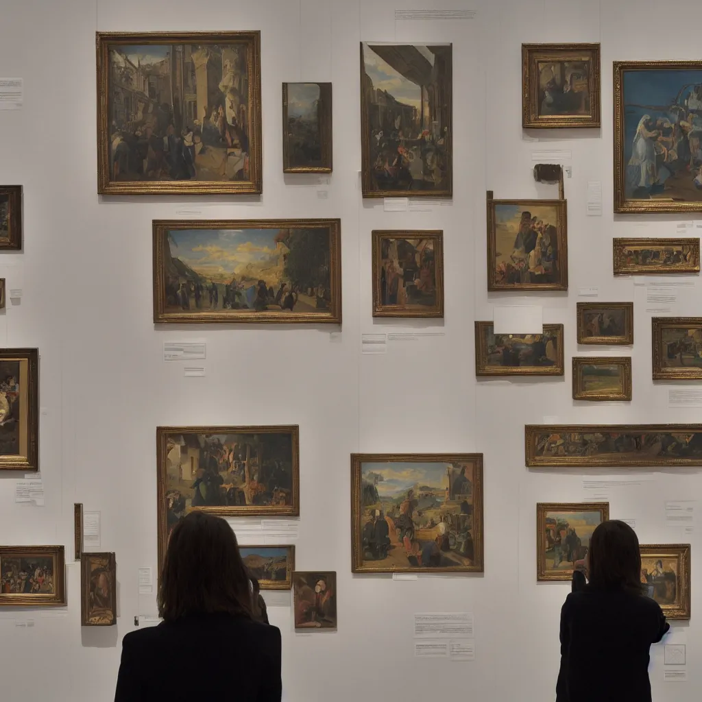 Image similar to an art lover at an exhibition looking at the most famous painting in the world