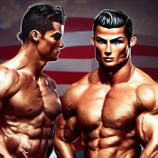 Prompt: muscular donald trump and cristiano ronaldo in love looking at their baby, detailed and realistic, 4 k, bright color, epic digital art