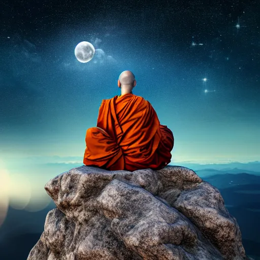 Prompt: high definition render of a monk on top of a mountain, full moon, milky way, galaxy, buddhism, 8 k, symbolic, intricate, detailed, raytracing, cinematic