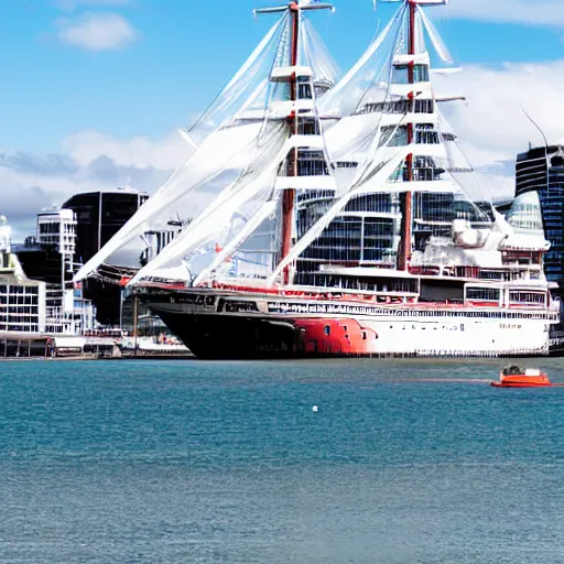 Image similar to fantasy ship sailing through auckland Harbor, futuristic neon