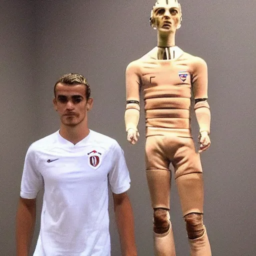 Image similar to “ a realistic detailed photo of a guy who is an attractive humanoid who is half robot and half humanoid, who is a male android, soccer player antoine griezmann, shiny skin, posing like a statue, blank stare, at the museum, on display ”