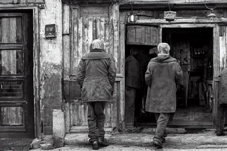 Image similar to cinematography old Russian men entering old bar in Russia showing. by Emmanuel Lubezki