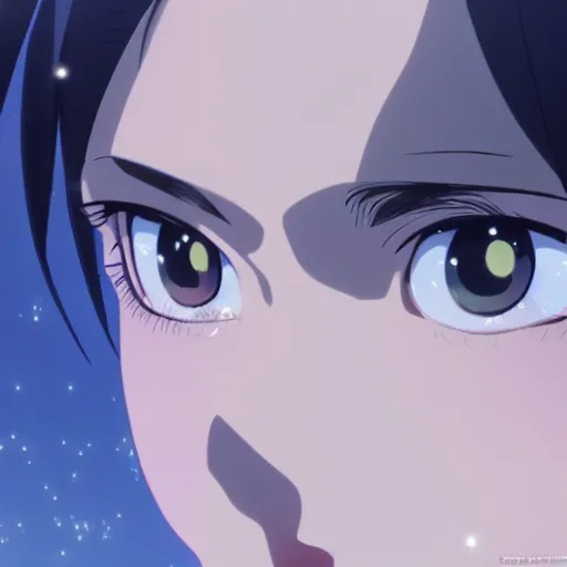 Prompt: girl's eyes, stars are hidden in the eyes, 8 k, stunning, highly detailed, super macro, close - up view, magical, makoto shinkai