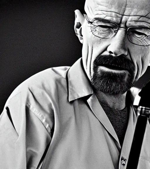 Image similar to walter white singing with a microphone in the desert, realistic, movie still, close up, dynamic