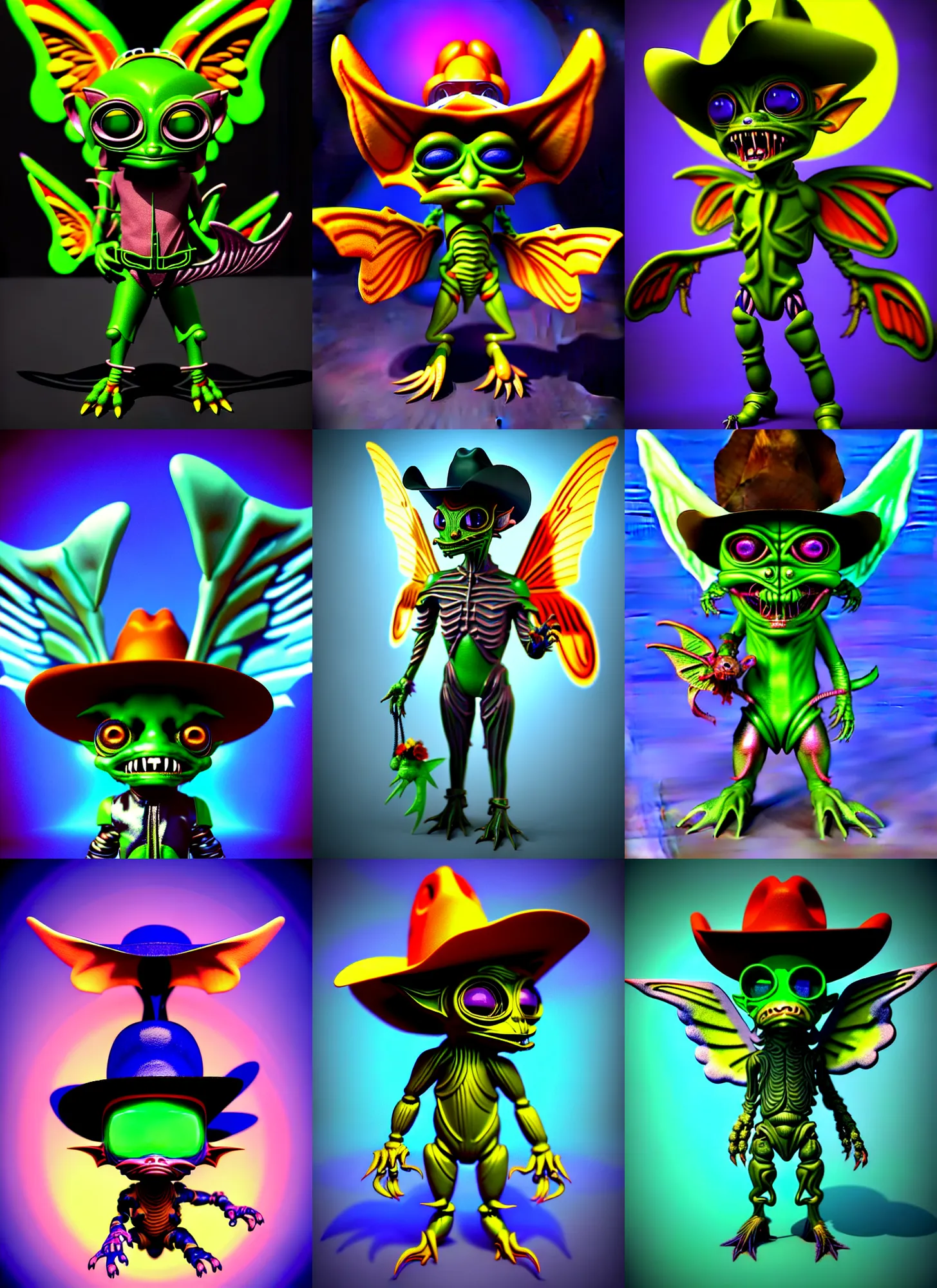 Prompt: retro 3 d rendered raytraced chibi cyborg goblin in the style of ichiro tanida 3 d render wearing a cowboy hat and angel wings, the background is a a psychedelic swirly with 3 d rendered butterflies and 3 d rendered flowers n the style of early cg graphics, micha klein, 3 do magazine, 3 d artstation,