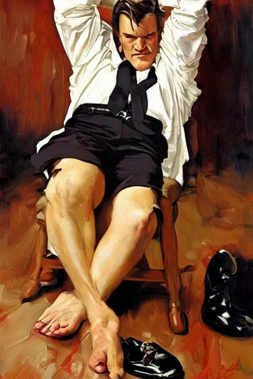 Image similar to tarantino caressing feet,'bare feet '!!!! painting by jc leyendecker!! phil hale!, angular, brush strokes, painterly, vintage, crisp