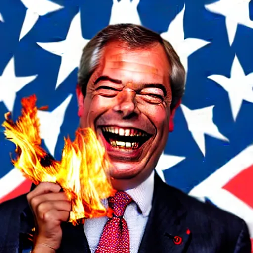 Image similar to nigel farage laughing holding burning euflag, studio photograph, hd, studio