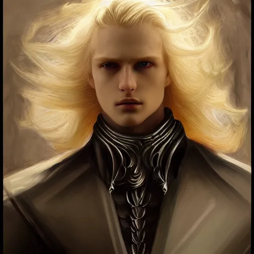 Prompt: digital art of a pale menacing male Cyborg Angel of Battle with long blond curls of hair and piercing eyes, johan liebert mixed with Dante, central composition, he commands the fiery power of resonance and wrath, very very long blond curly hair with bangs!!!, baroque curls, by James Gurney and Seb mckinnon and WLOP, Artstation, CGsociety