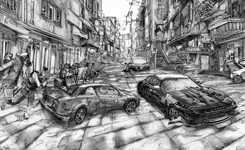 Image similar to action shots of two cars in a high speed car chase through a narrow streets with buildings either side of the road illustrated by jung gi kim, katsuya terada, jean - david morvan. extremely detailed illustration, action shots, striking perspective