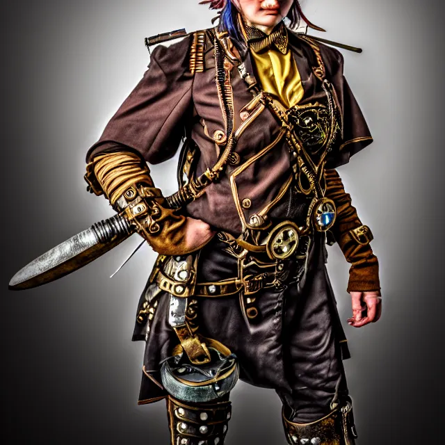 Image similar to full length photo of a steampunk warrior, 8 k, hdr, smooth, sharp focus, high resolution, award - winning photo