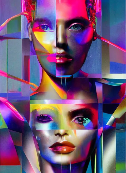 Image similar to futuristic lasers tracing, colorsmoke, fullbodysuit, pyramid hoodvisor, raindrops, wet, oiled, beautiful cyborg girl, by steven meisel, kaws, rolf armstrong, mondrian, hannah af klint perfect geometry abstract acrylic, octane hyperrealism photorealistic airbrush collage painting, monochrome, neon fluorescent colors, minimalist rule of thirds, eighties eros