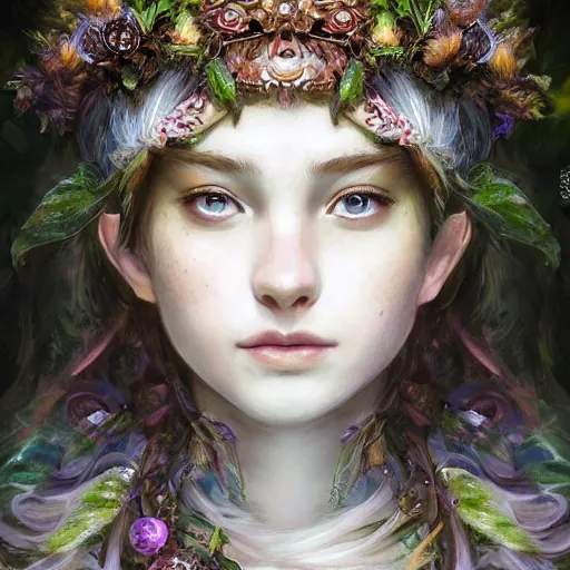 Image similar to A masterpiece portrait of a Incredibly beautiful queer druid girl . The Queen of the Forest.medium shot, intricate, elegant, highly detailed. trending on artstation, digital art, by Stanley Artgerm Lau, WLOP, Rossdraws, James Jean, Andrei Riabovitchev, Marc Simonetti, Yoshitaka Amano