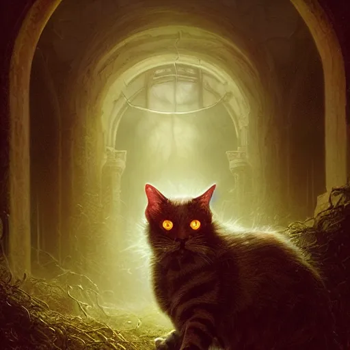 Image similar to photorealistic demonic cat in the style of michael whelan and gustave dore. hyperdetailed photorealism by greg rutkowski. 1 0 8 megapixels, 3 d finalrender, cinematic lighting