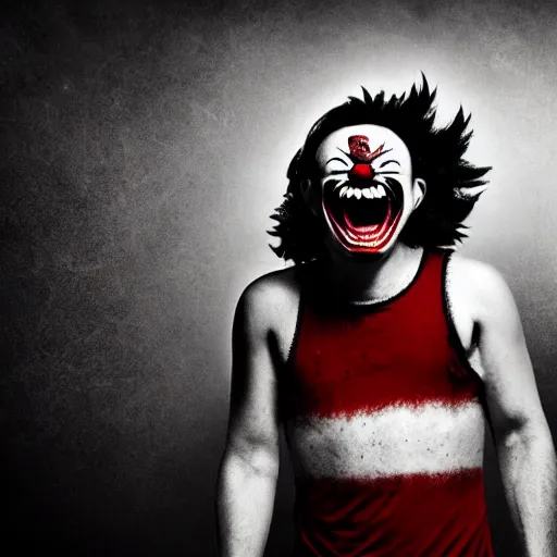 Prompt: Evil clown Big smiling mouth, black round nose, spiky long hair, worn striped tank top emerging from a fog and dust. Realistic. Very textured, hyper detailed, cinematic, ambience, perfect composition, focus, dark