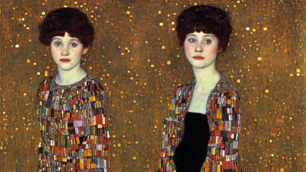 Prompt: A decent young girl portrait by Gustav Klimt.