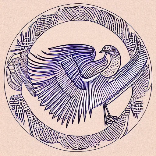 Image similar to phoenix salt bird round composition rebirth symbolism swirl tail feather graphic design Egyptian style simple design lineart contour