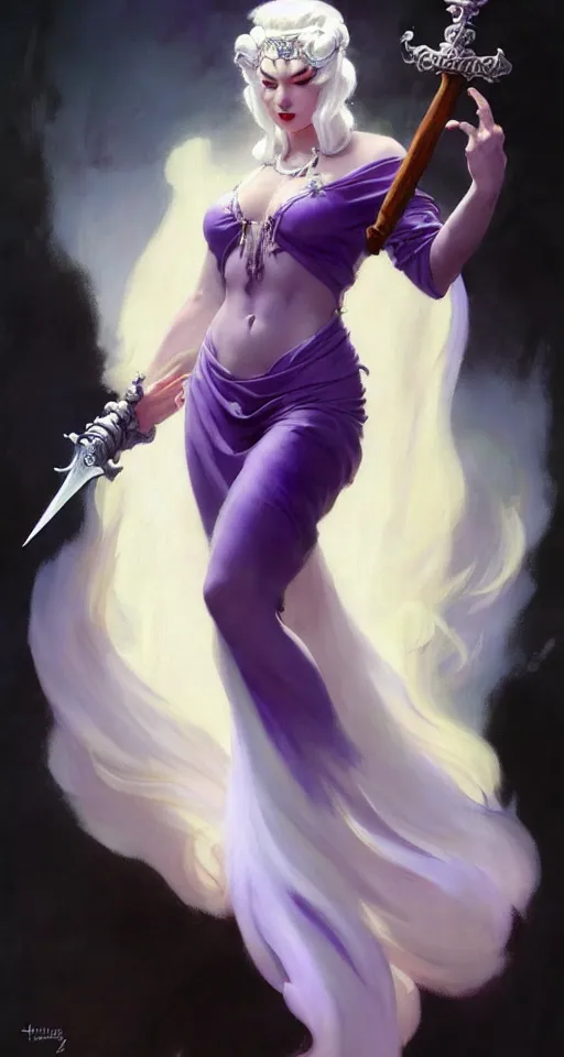 Image similar to frank frazetta painting of queen of hokra, silver white hair, violet long gown, full body, sorceress sword, soft lighting, trending on artstation, by huang guangjian and gil elvgren and sachin teng