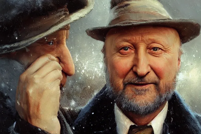 Prompt: portrait of donald pleasents in an overcoat outside smiths grove, an oil painting by ross tran and thomas kincade