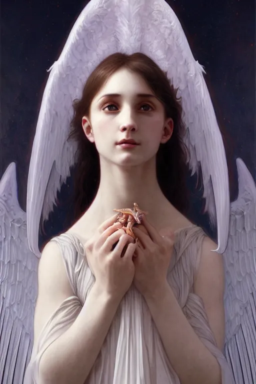 Prompt: Portrait of beautiful pale demonic biblical girl with angelic wings with multiple eyes on them, cinematic lighting, intricate, elegant, highly detailed, digital painting, artstation, smooth, sharp focus, illustration, art by artgerm and greg rutkowski and alphonse mucha and Wayne Barlowe and william-adolphe bouguereau