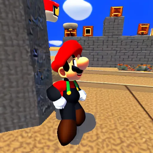 Image similar to an anthropomorphic black goat wizard in super mario 6 4, screenshot