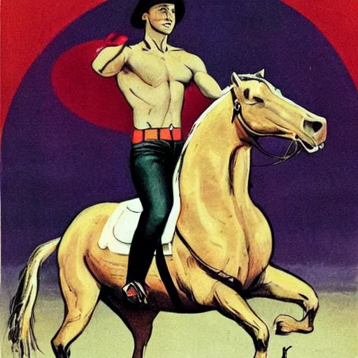 Prompt: A Russian propaganda poster depicting Vladimir Putin riding a horse with his shirt off