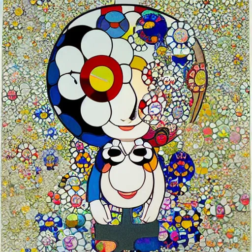 Image similar to by takashi murakami paper embossing, field of view forbidding. a collage of a young woman holding an orange